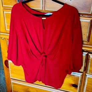 Deep red, 3/4 sleeve front tie blouse